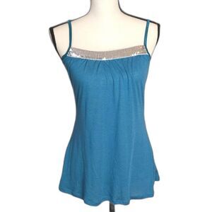 One Heart Teal Silver Sequin Tank Top Women's M Y2K